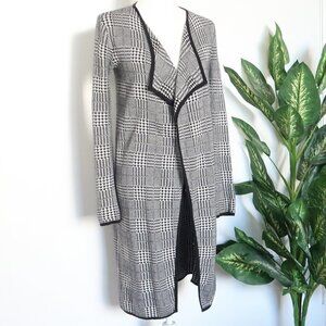 Vince Camuto Black White Houndstooth Plaid Open Front Long Knit Cardigan Sweater